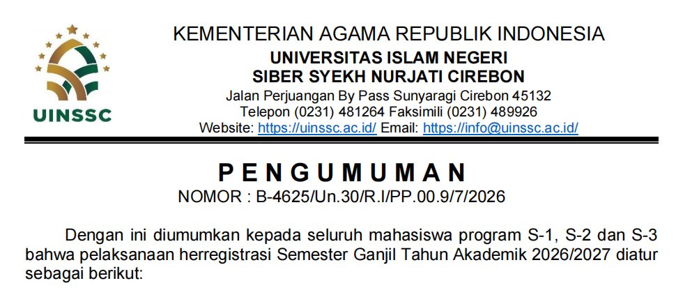 UIN Siber Syekh Nurjati Cirebon Umumkan Jadwal Herregistrasi Semester Ganjil Tahun Akademik 2026/2027