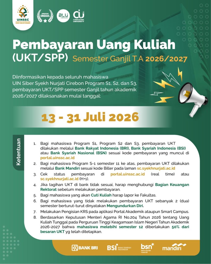 UIN Siber Syekh Nurjati Cirebon Imbau Mahasiswa Segera Lakukan Pembayaran UKT Semester Ganjil Tahun Akademik 2026/2027