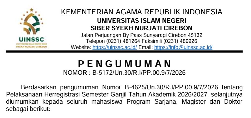 UIN Siber Syekh Nurjati Cirebon Perpanjang Jadwal Herregistrasi Semester Ganjil TA 2026/2027